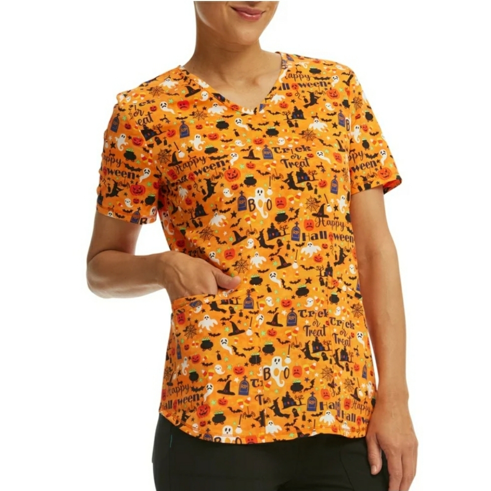 Plus Size 3X Womens Pumpkin Palooza Print Scrub Star Top Classic Halloween Shirt